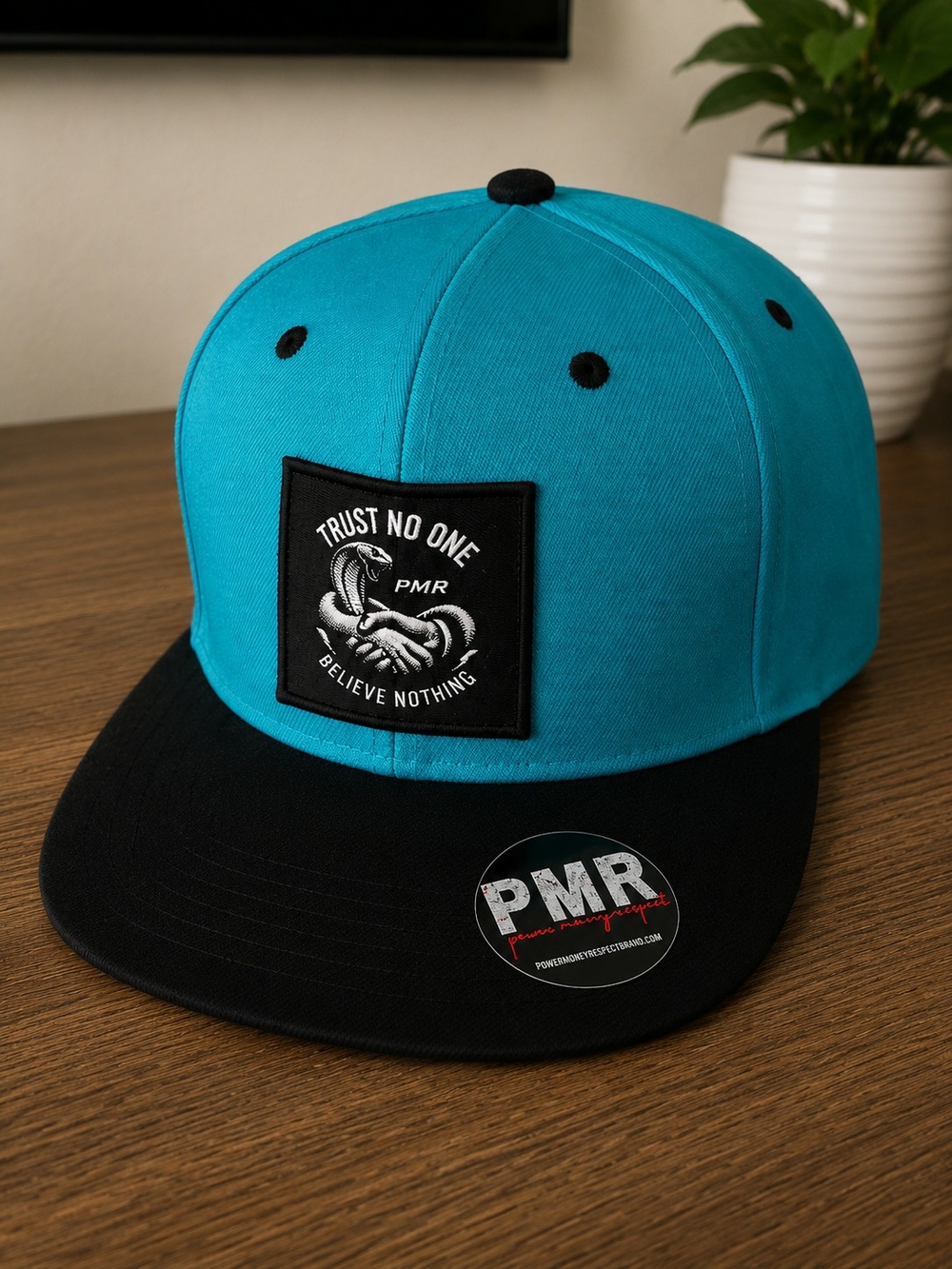 Turquoise and Black Snapback Hat - Trust No One Belive Nothing 710 Bg Pmr Patch